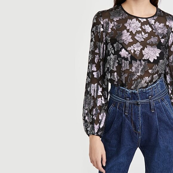 NWT Club Monaco black & silver metallic fibre burnout floral print sheer blouse - Picture 5 of 16